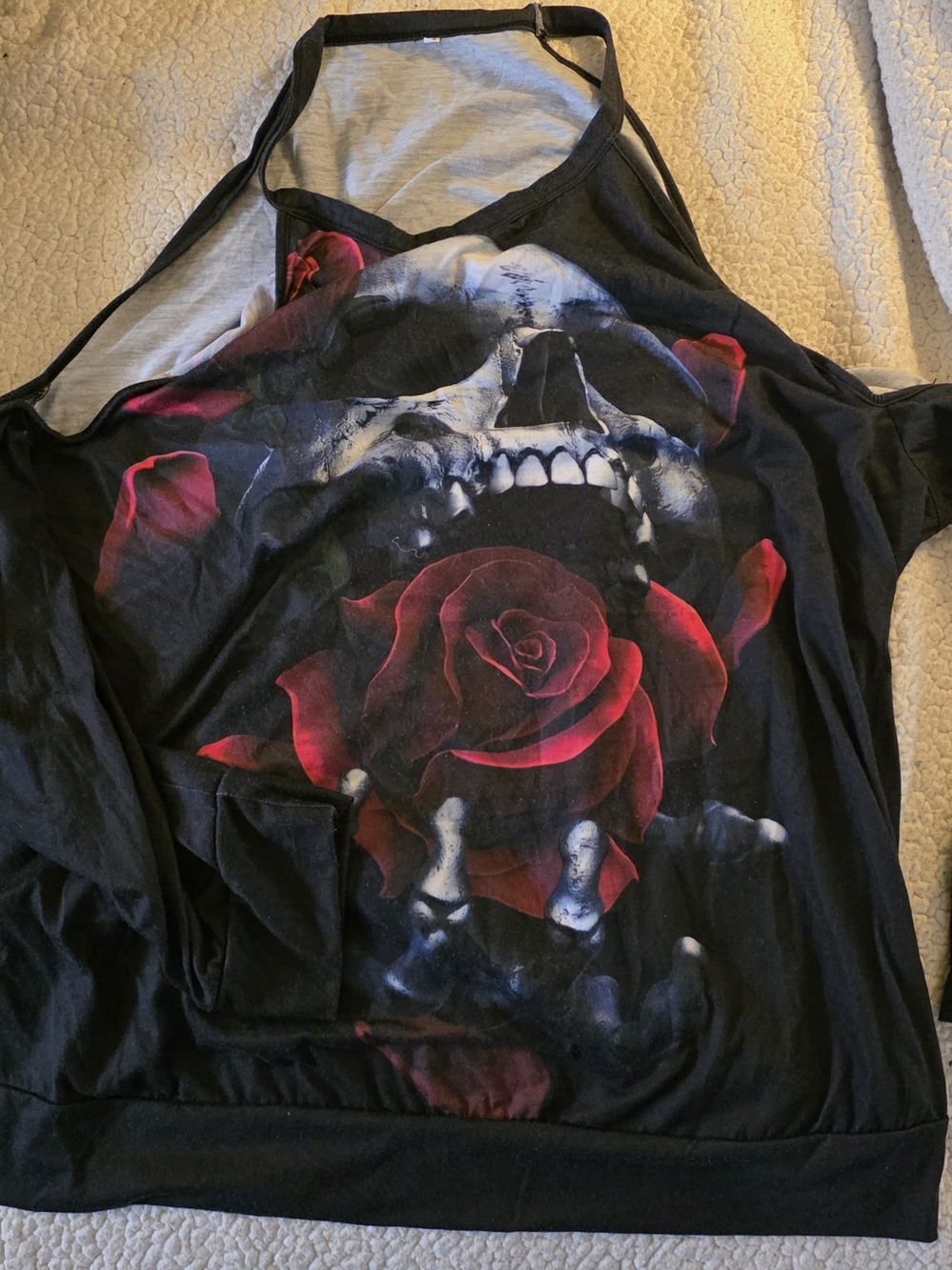 Black Tank Top with Red Rose & Skull Graphic